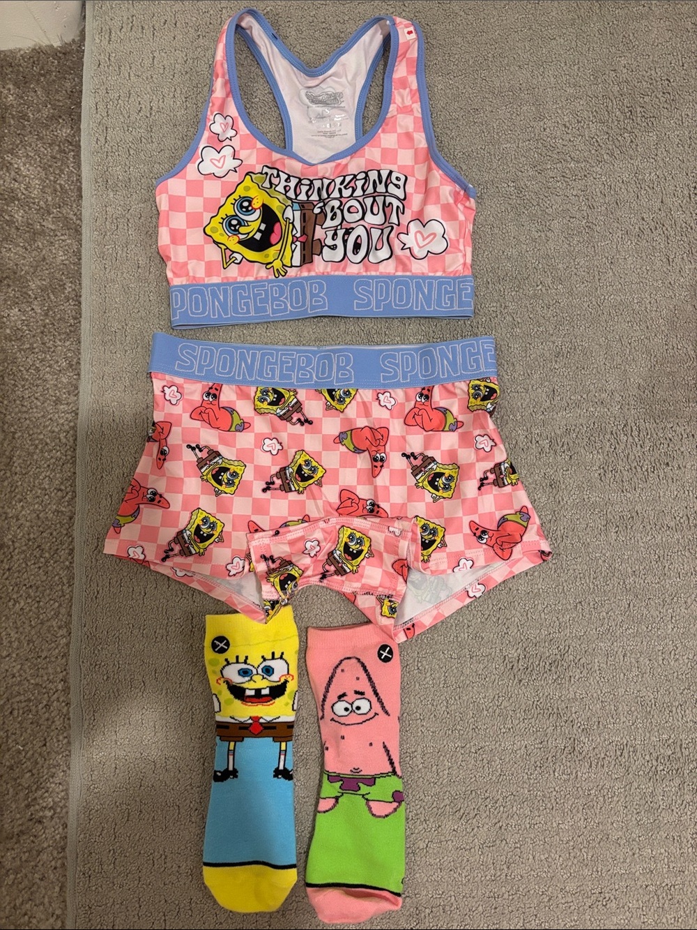 SpongeBob Pink Check Sports Bra & Shorts Set with Character Socks